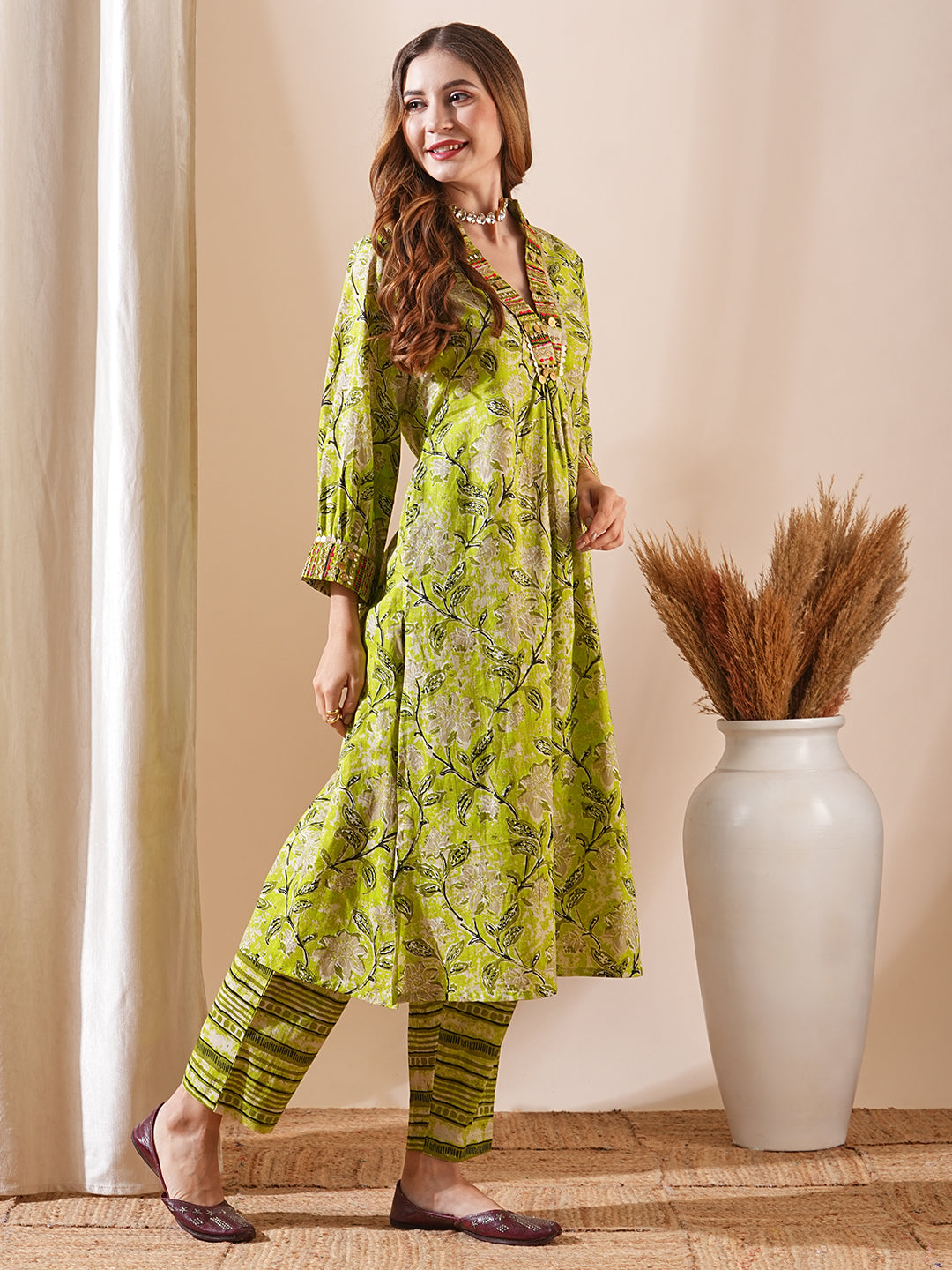 Abstract Floral Printed Boho Embroidered A Line Kurta with Pant Li FASHOR