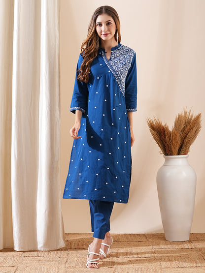 Solid Ethnic Embroidered Straight Fit Kurta with Pant - Blue