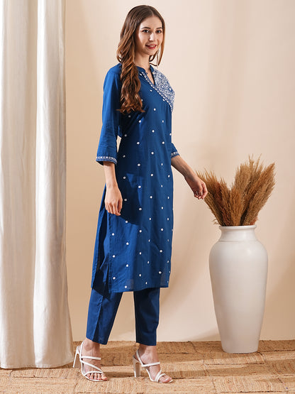 Solid Ethnic Embroidered Straight Fit Kurta with Pant - Blue