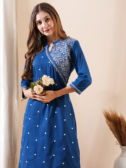 Solid Ethnic Embroidered Straight Fit Kurta with Pant - Blue