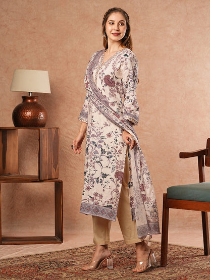 Ethnic Floral Printed Straight Fit Kurta with Pant & Dupatta - Off White