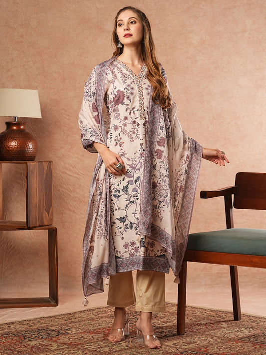 Ethnic Floral Printed Straight Fit Kurta with Pant & Dupatta - Off White