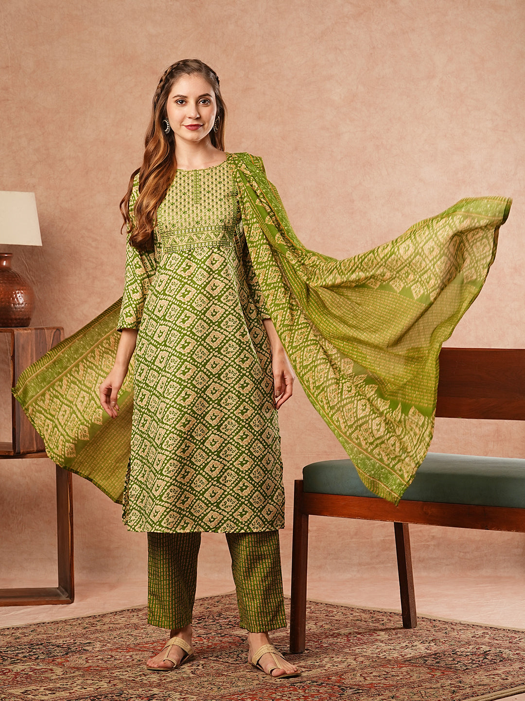 Abstract Printed Resham & Sequins Embroidered Kurta with Pants & Dupatta - Green