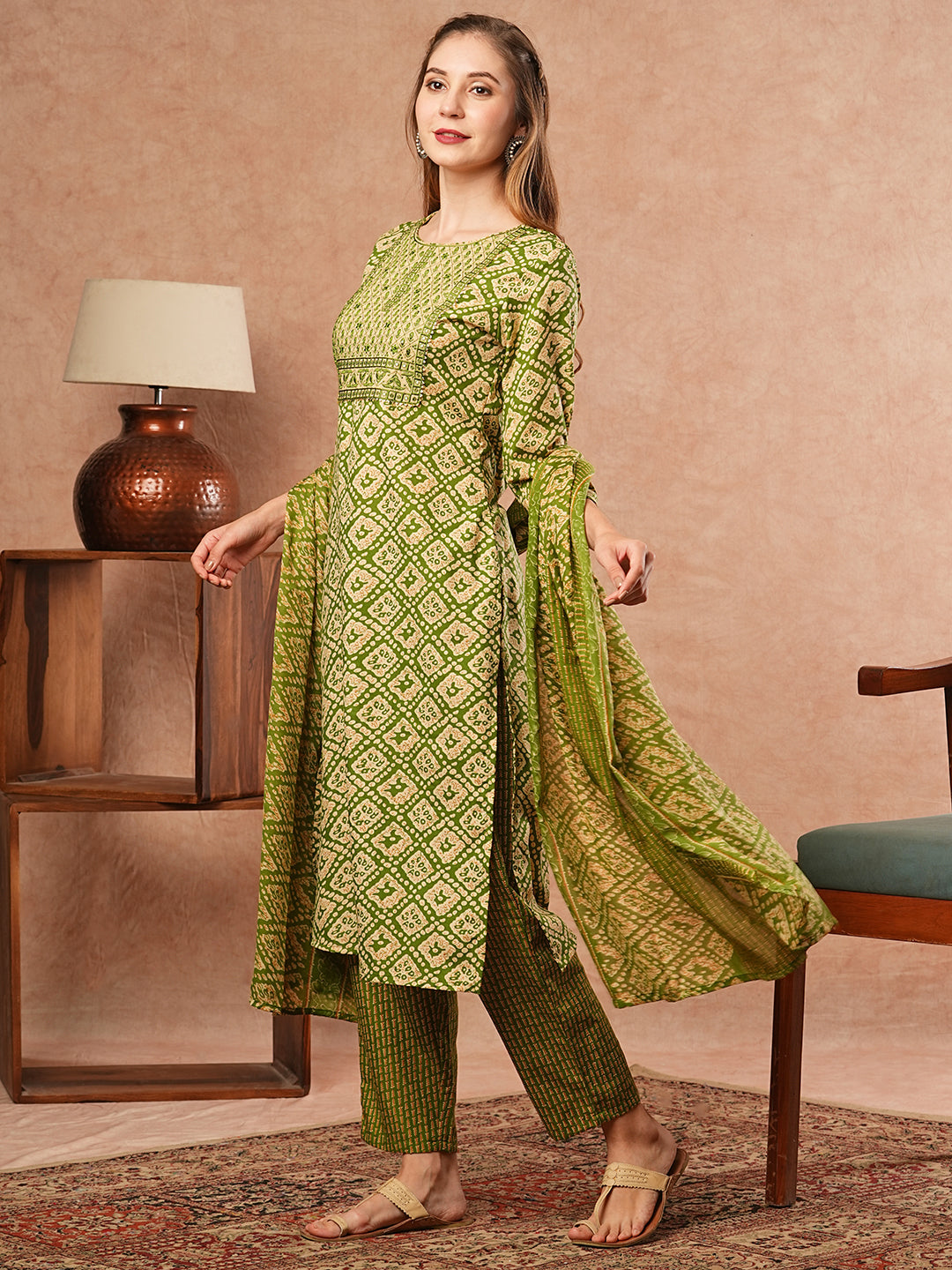 Abstract Printed Resham & Sequins Embroidered Kurta with Pants & Dupatta - Green