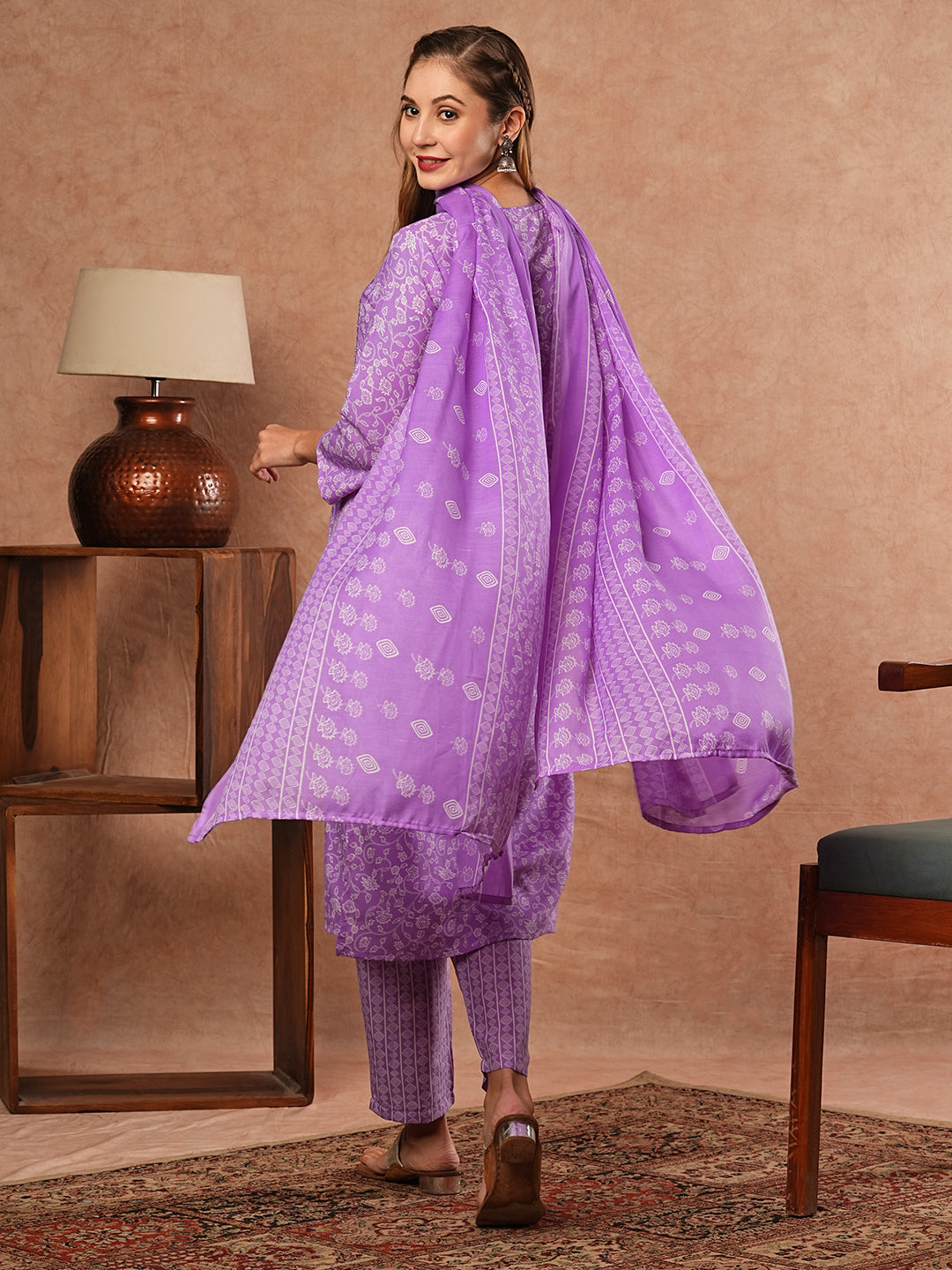 Floral Printed Resham & Sequins Embroidered Kurta with Pants & Dupatta - Purple