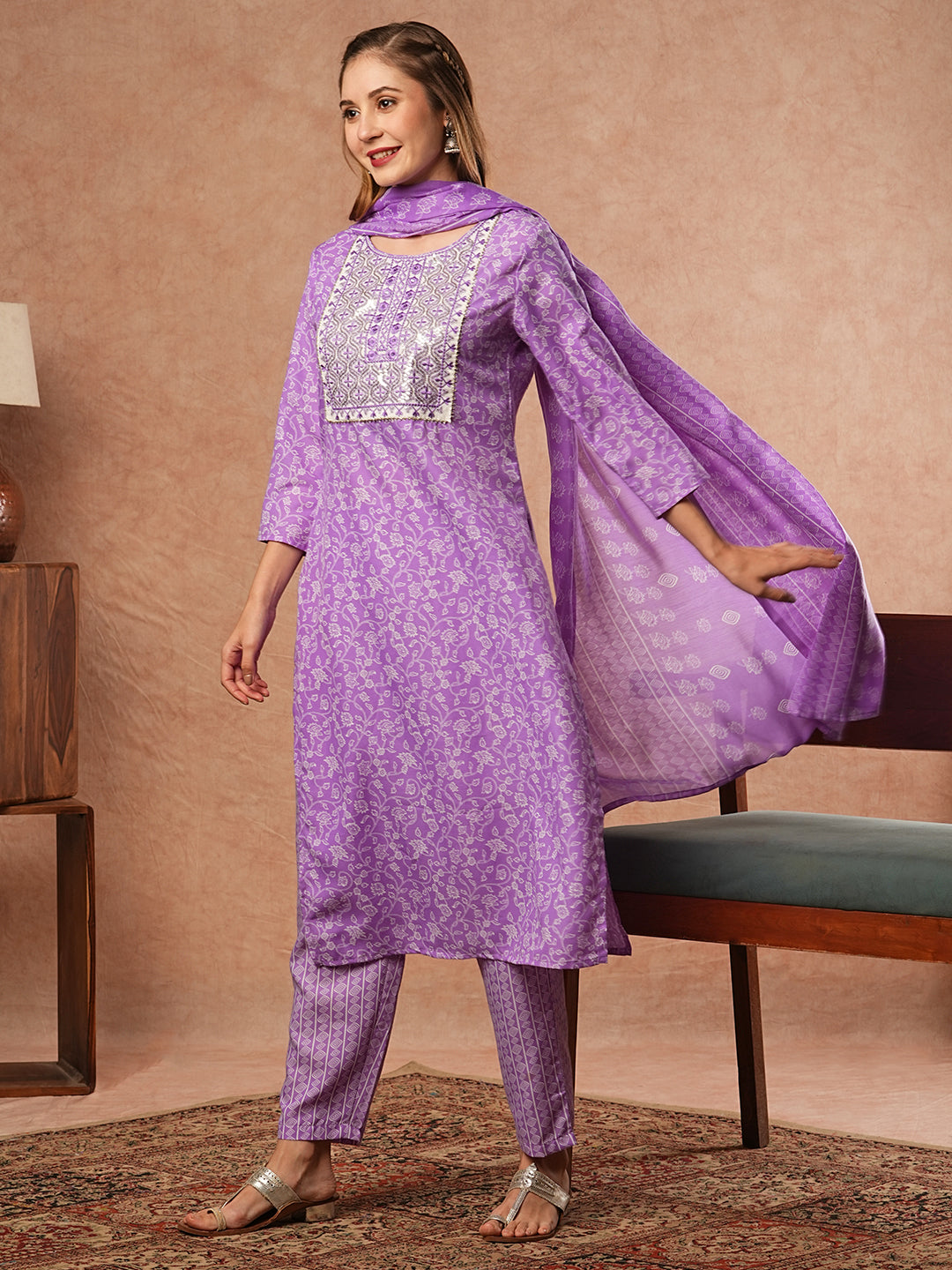 Floral Printed Resham & Sequins Embroidered Kurta with Pants & Dupatta - Purple