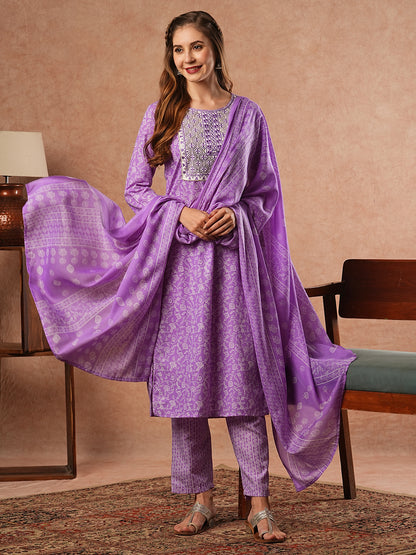 Floral Printed Resham & Sequins Embroidered Kurta with Pants & Dupatta - Purple