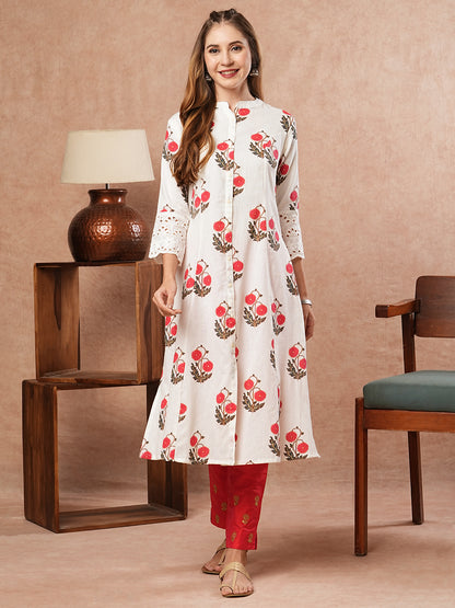 Floral Printed Schiffili Lace Embellished A-line Kurta - White