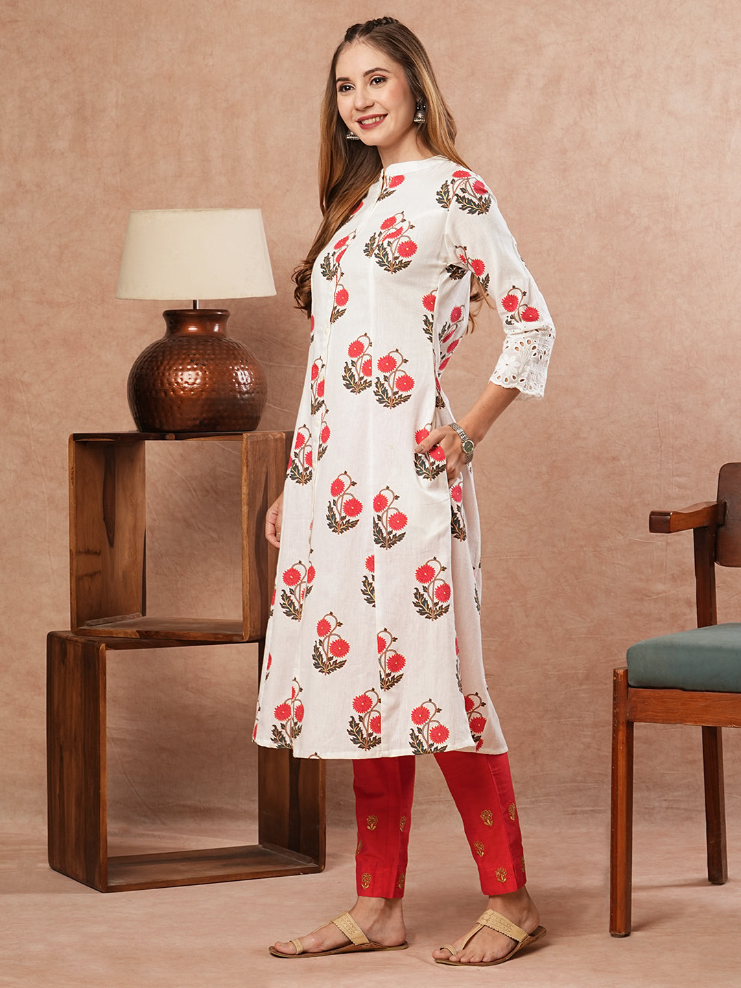 Floral Printed Schiffili Lace Embellished A-line Kurta - White