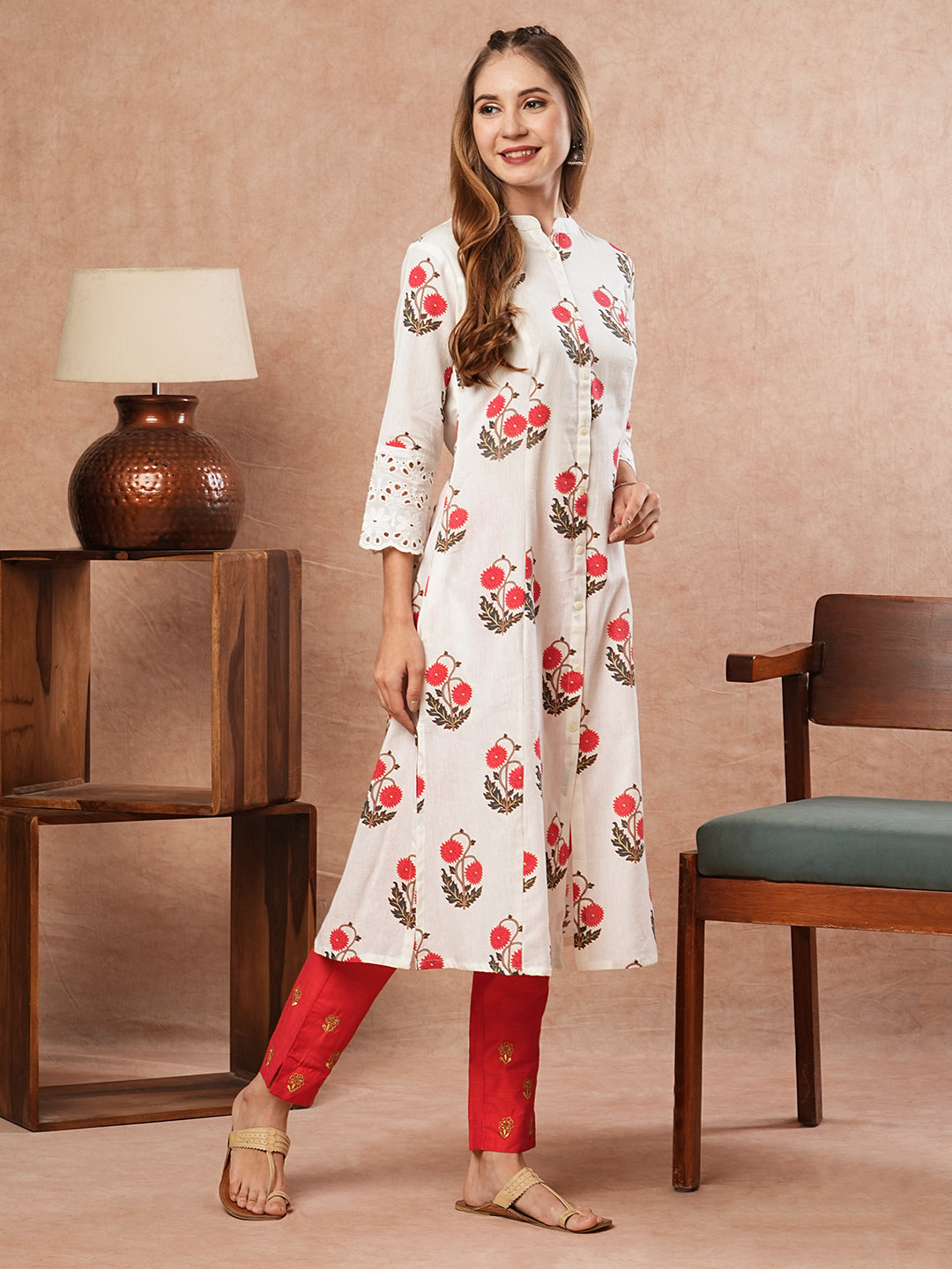 Floral Printed Schiffili Lace Embellished A-line Kurta - White