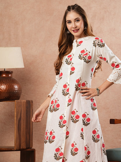 Floral Printed Schiffili Lace Embellished A-line Kurta - White