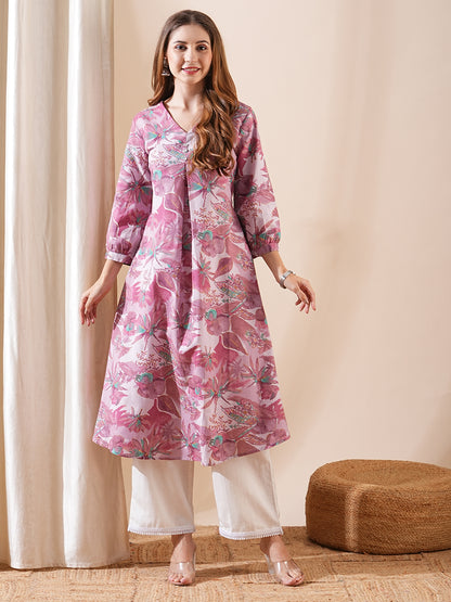 Tropical Abstract Printed A-Line Flared Kurta - Mauve