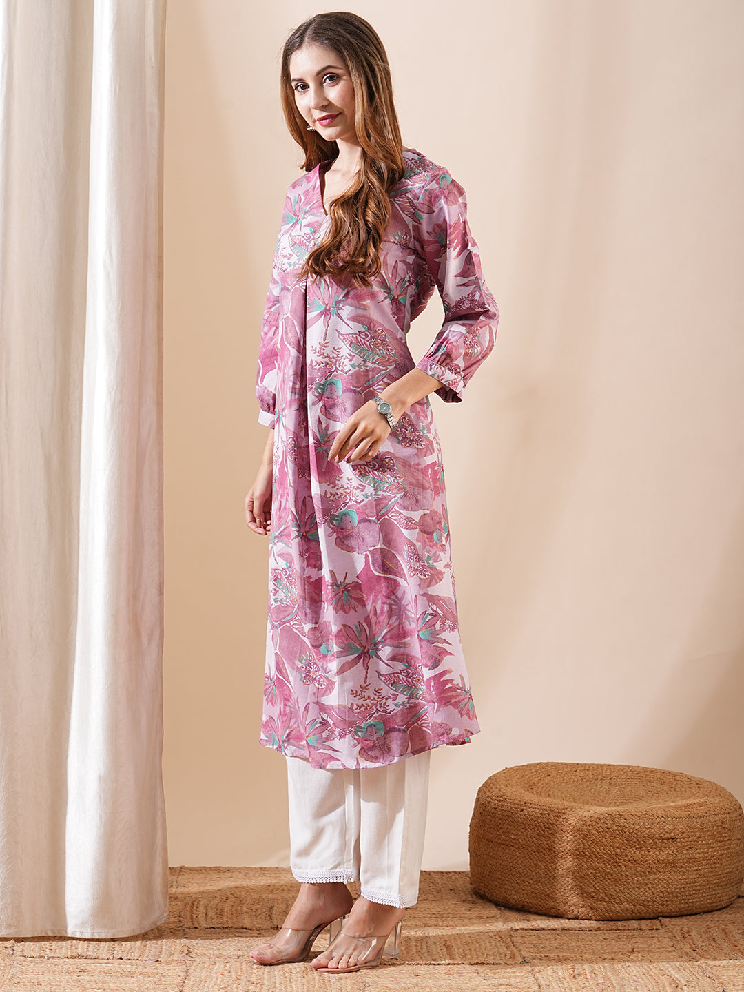 Tropical Abstract Printed A-Line Flared Kurta - Mauve