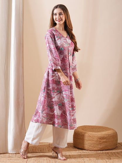 Tropical Abstract Printed A-Line Flared Kurta - Mauve