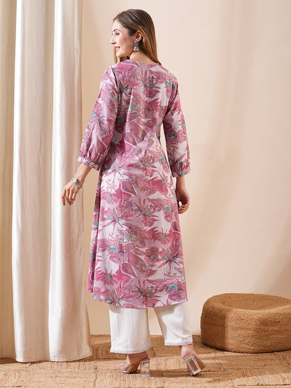 Tropical Abstract Printed A-Line Flared Kurta - Mauve