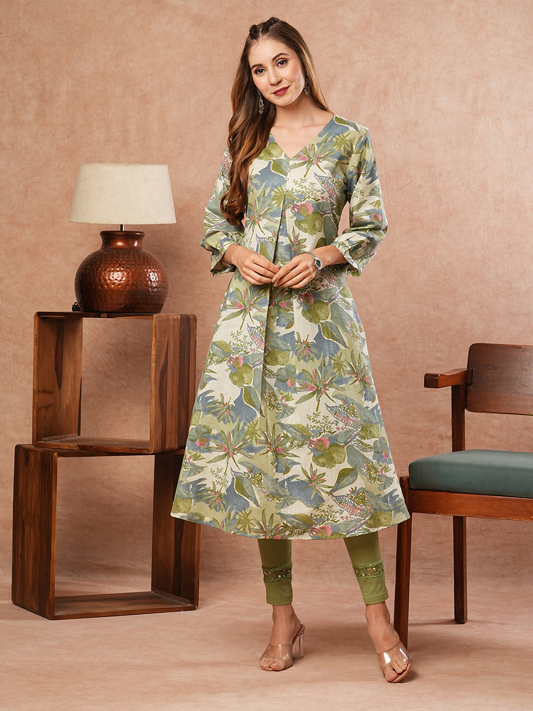 Tropical Abstract Printed A-Line Flared Kurta - Green