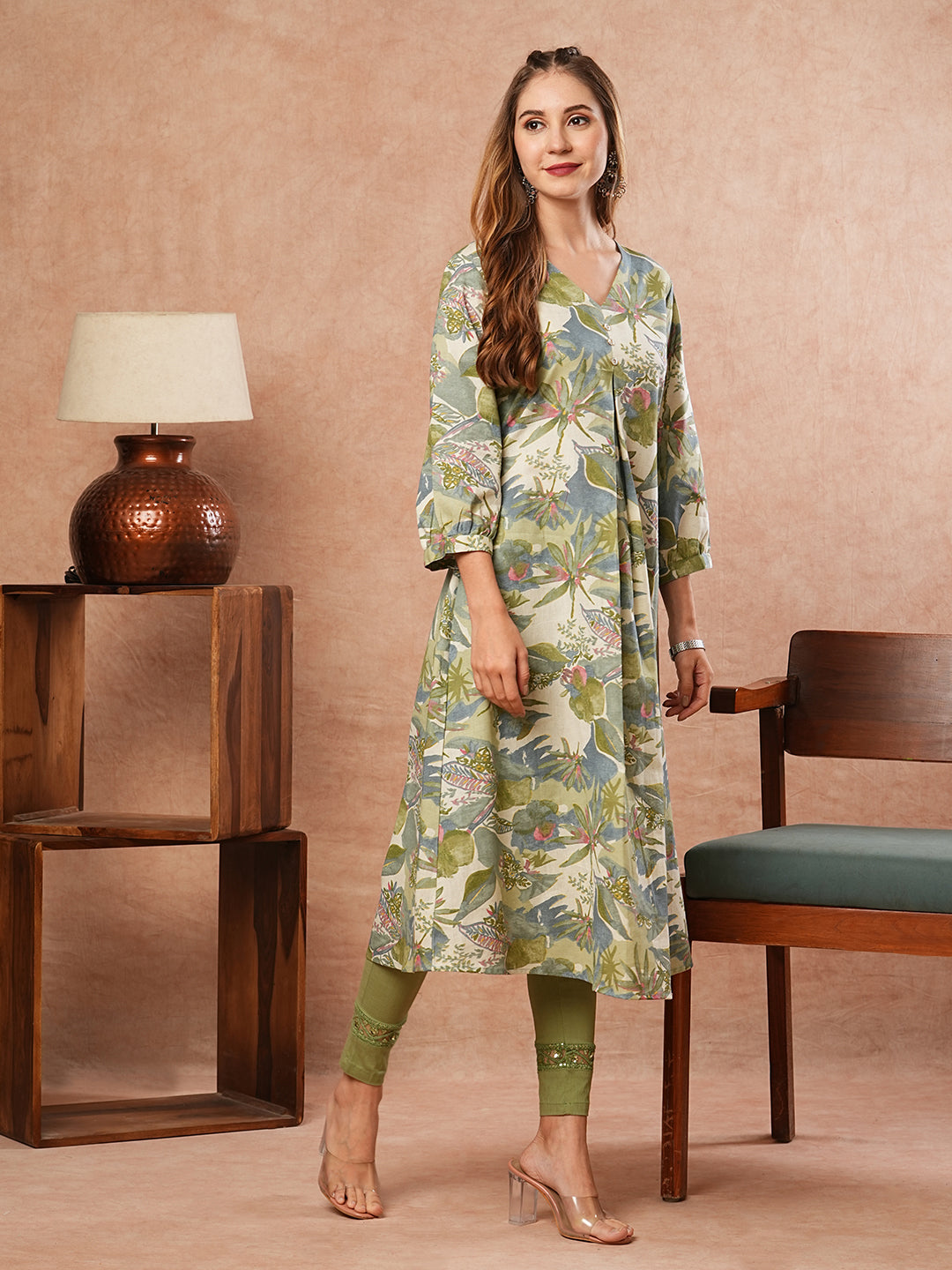 Tropical Abstract Printed A-Line Flared Kurta - Green