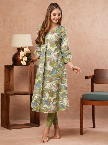 Tropical Abstract Printed A-Line Flared Kurta - Green