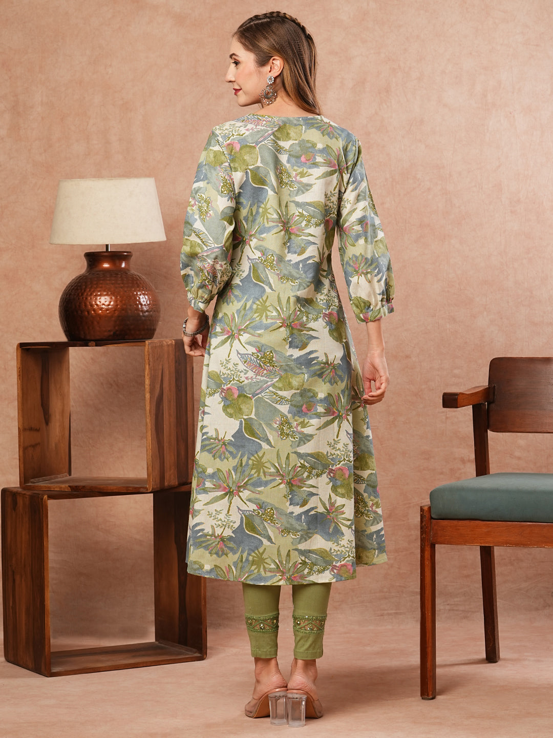 Tropical Abstract Printed A-Line Flared Kurta - Green