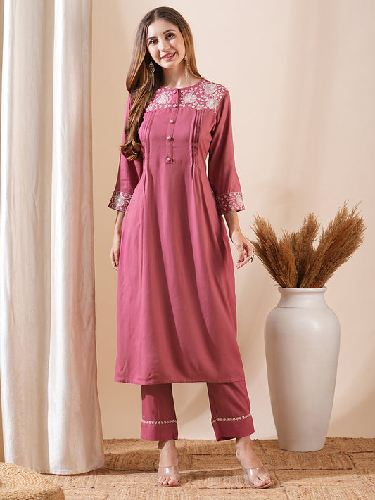Solid Floral Embroidered Straight Fit Kurta with Pant - Pink