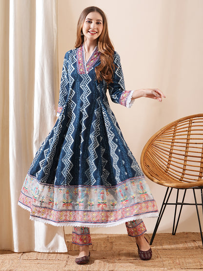 Ethnic Printed & Embroidered Anarkali Kurta with Pant - Blue