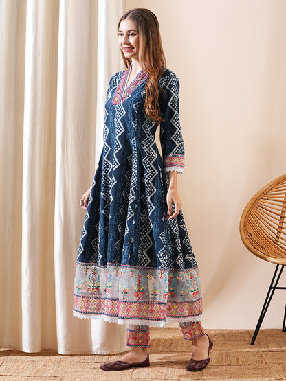 Ethnic Printed & Embroidered Anarkali Kurta with Pant - Blue