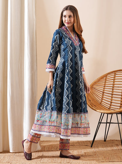 Ethnic Printed & Embroidered Anarkali Kurta with Pant - Blue