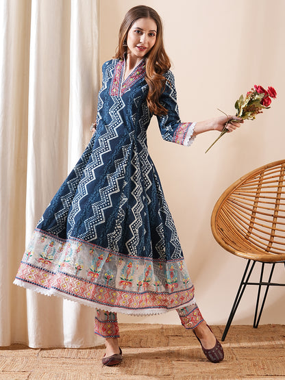 Ethnic Printed & Embroidered Anarkali Kurta with Pant - Blue