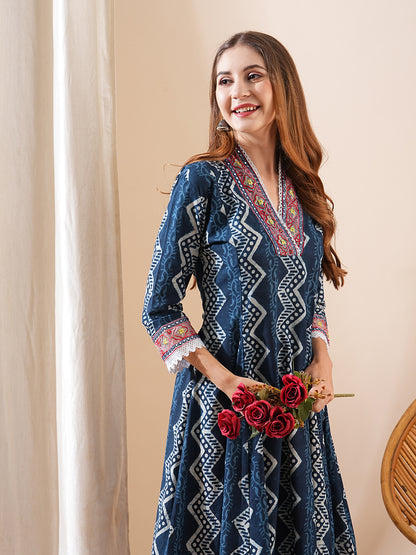 Ethnic Printed & Embroidered Anarkali Kurta with Pant - Blue