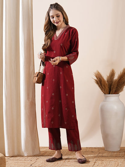 Abstract Printed Resham Top-Stitched Kurta with Pants - Maroon