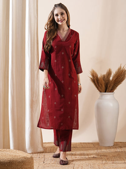 Abstract Printed Resham Top-Stitched Kurta with Pants - Maroon