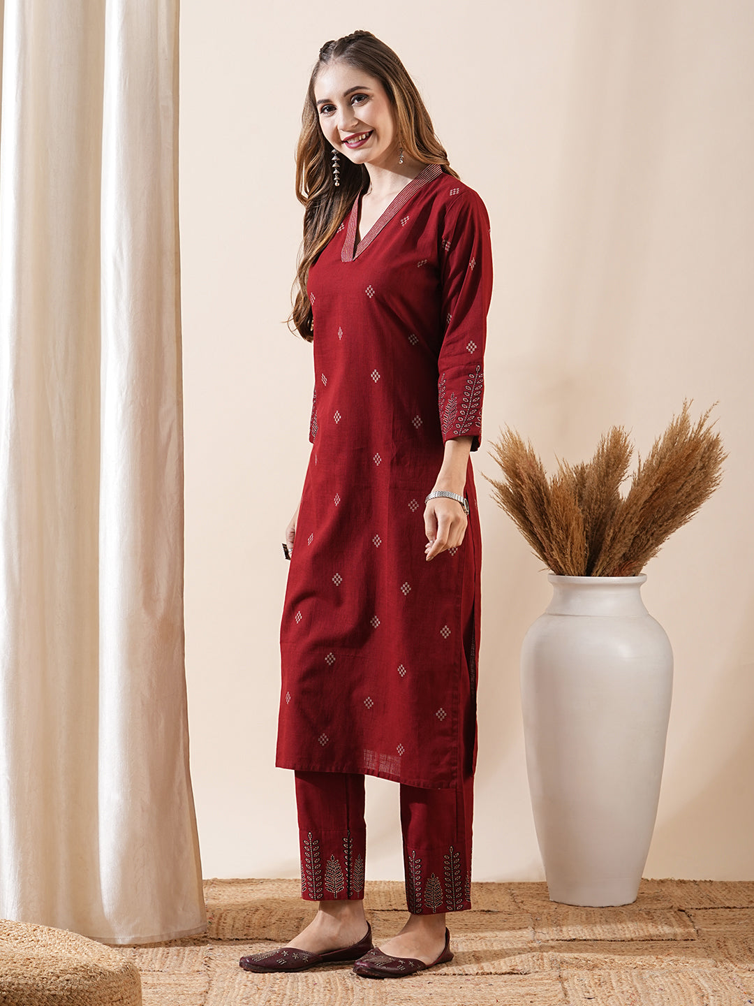 Abstract Printed Resham Top-Stitched Kurta with Pants - Maroon