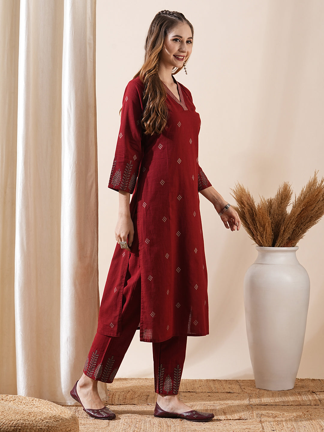 Abstract Printed Resham Top-Stitched Kurta with Pants - Maroon