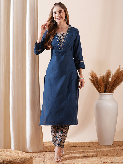 Solid Cutdana & Beads Embellished Pin-Tucks Kurta with Block Printed Pants - Blue