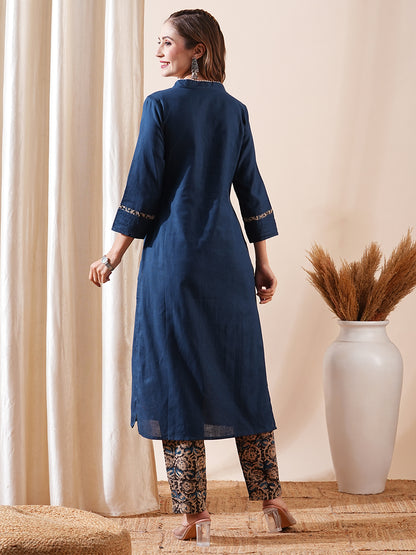 Solid Cutdana & Beads Embellished Pin-Tucks Kurta with Block Printed Pants - Blue