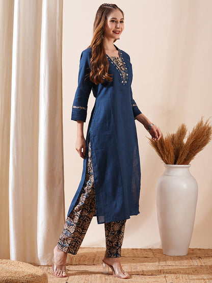 Solid Cutdana & Beads Embellished Pin-Tucks Kurta with Block Printed Pants - Blue