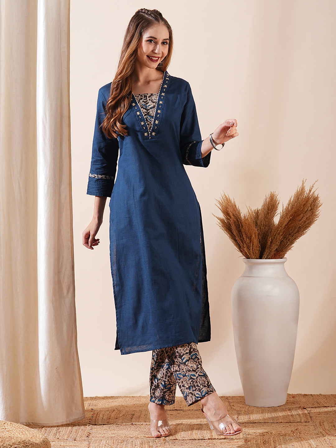 Solid Cutdana & Beads Embellished Pin-Tucks Kurta with Block Printed Pants - Blue