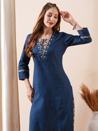 Solid Cutdana & Beads Embellished Pin-Tucks Kurta with Block Printed Pants - Blue