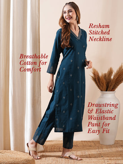 Abstract Printed Resham Top-Stitched Kurta with Pants - Blue