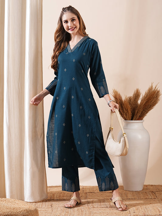 Abstract Printed Resham Top-Stitched Kurta with Pants - Blue
