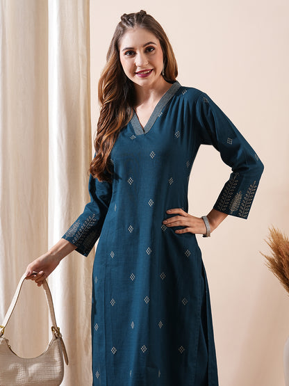 Abstract Printed Resham Top-Stitched Kurta with Pants - Blue