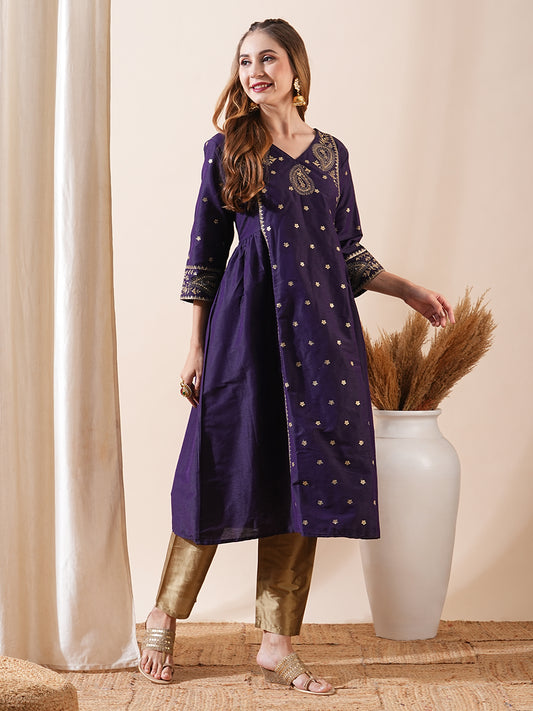 Ethnic Zari Embroidered A-Line Paneled Kurta with Pant - Violet