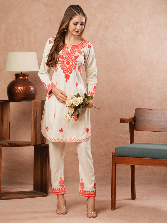 Solid Resham & Mirror Aari Embroidered Kurti with Pants - Off White
