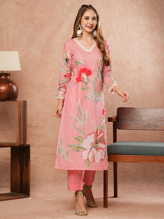 Floral Printed Crochet Lace Embellished Kurta with Pants - Pink