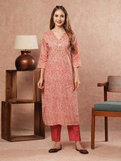 Abstract Printed Mirror, Dabka & Resham Embroidered Kurta with Pants - Coral