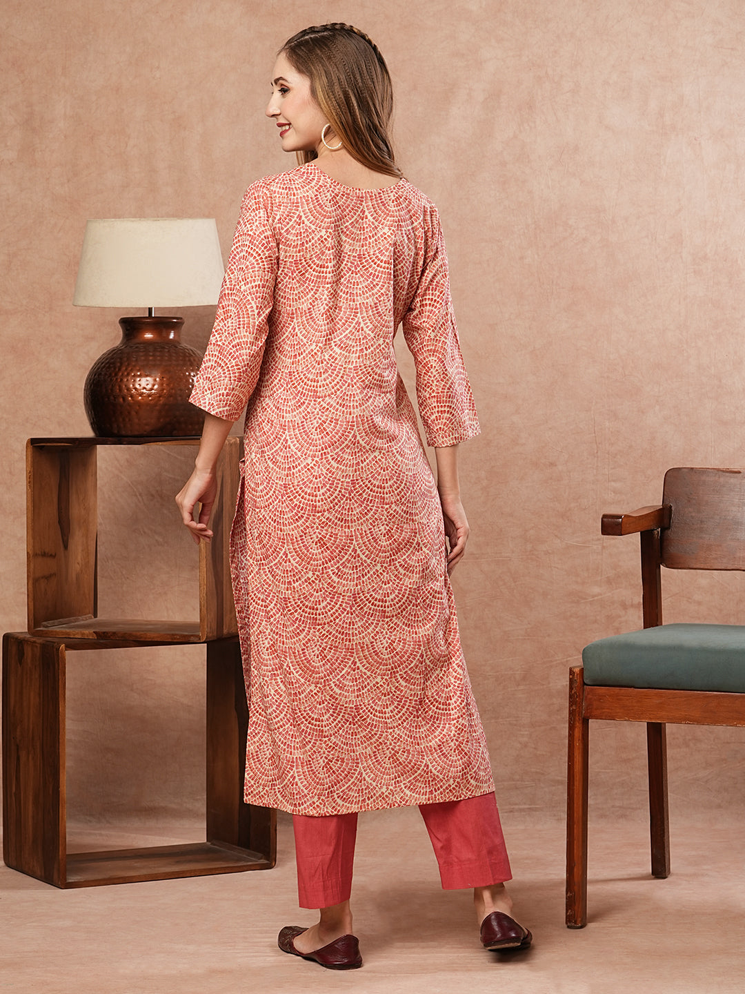 Abstract Printed Mirror, Dabka & Resham Embroidered Kurta with Pants - Coral