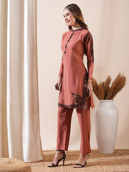 Solid Resham & Faux Leather Applique Embroidered Kurta with Pants Co-ord Set - Rust