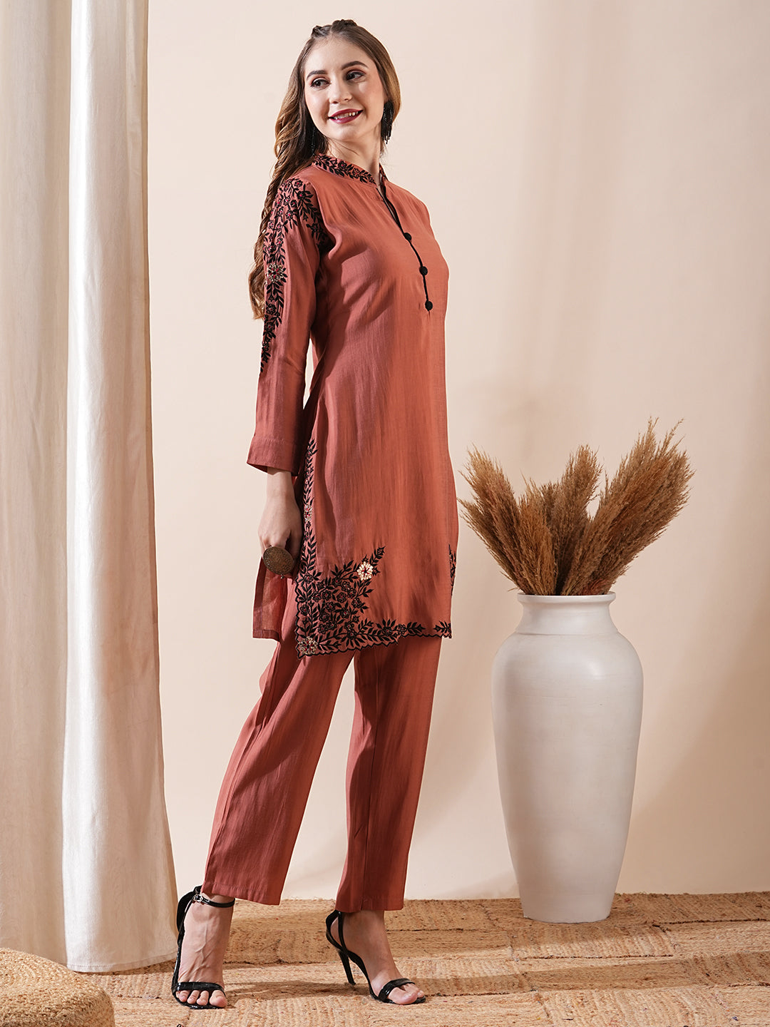 Solid Resham & Faux Leather Applique Embroidered Kurta with Pants Co-ord Set - Rust