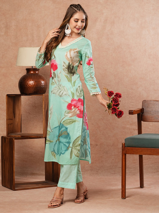 Floral Printed Crochet Lace Embellished Kurta with Pants - Sea Green