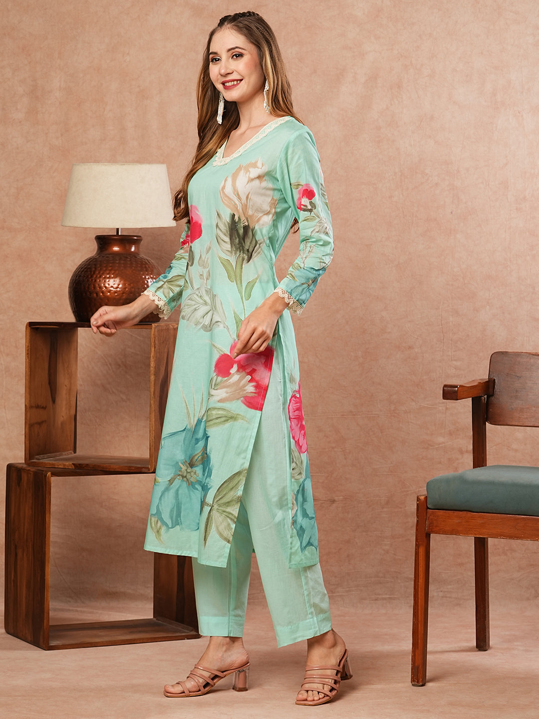 Floral Printed Crochet Lace Embellished Kurta with Pants - Sea Green